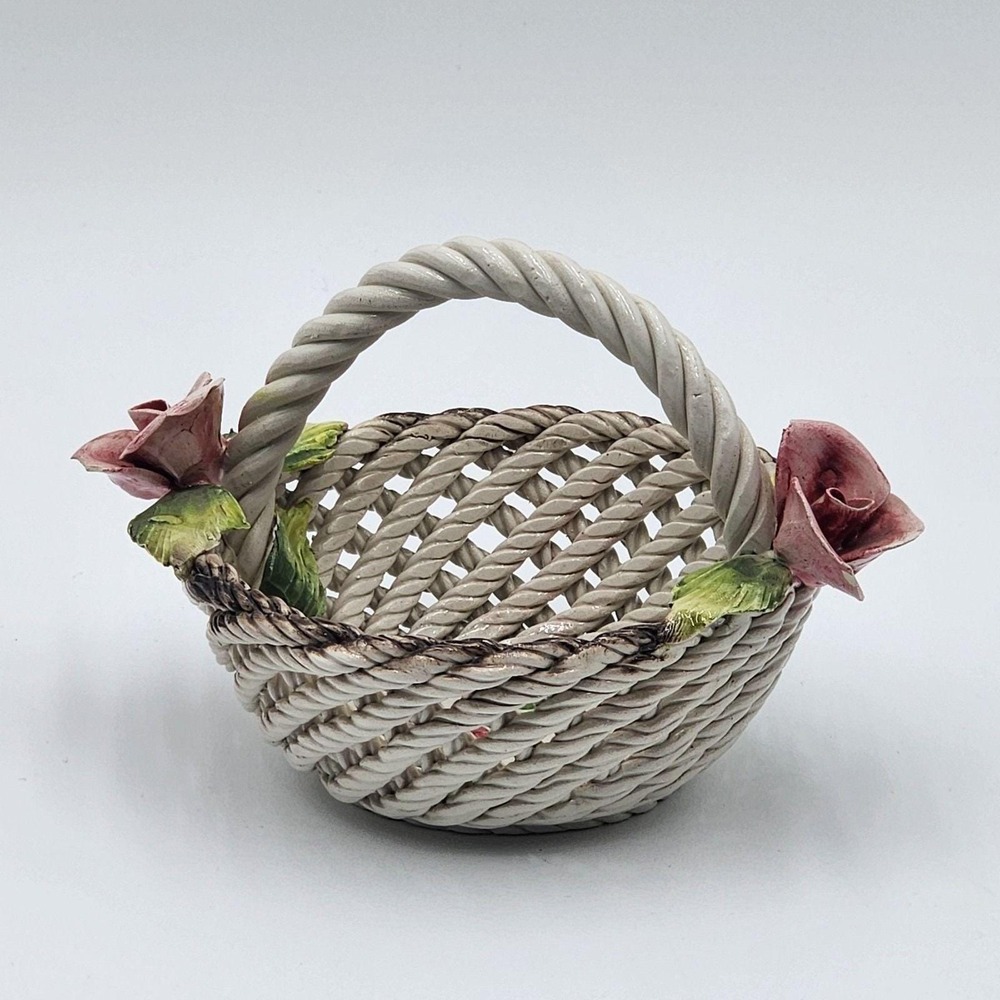 Vintage Capodimonte Porcelain Flower Basket Woven 3D Floral Italy 7 Inch